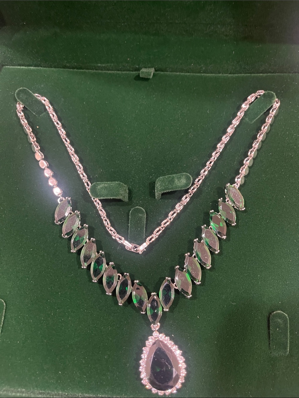 Silver Necklace with Emerald Green Marquise Stones and Teardrop Pendant